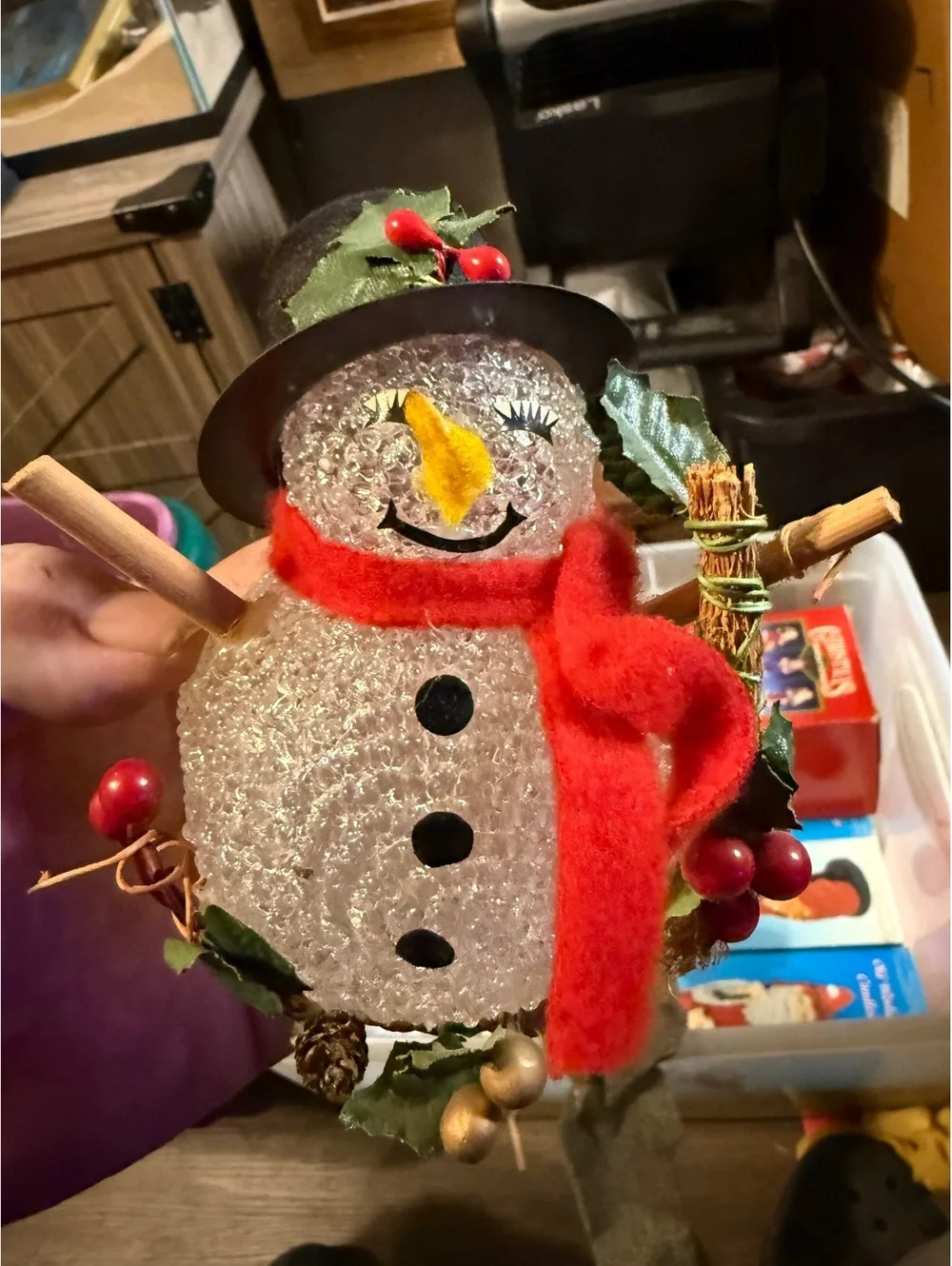 Decorative Frosted Glass Snowman Figurine with Red Scarf and Black Hat